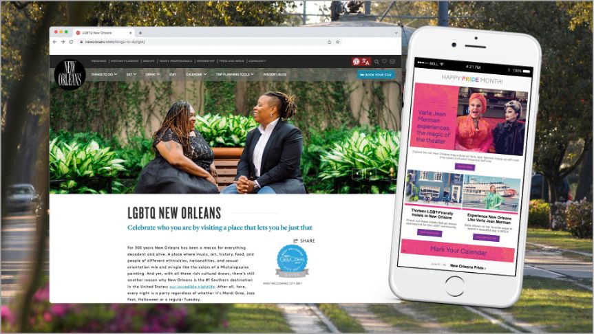 New Orleans & Co. hero website mockup on iphone
